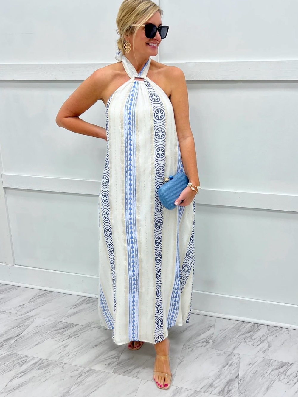 NWT, En Crème Halter Maxi Dress in White & Light Blue, Size Small